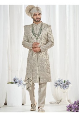 Pista Art Silk Embroidery Mens Wedding Sherwani