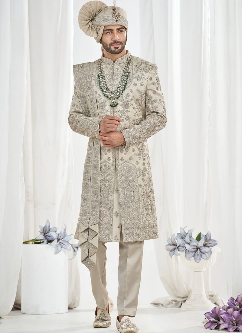 Pista Art Silk Embroidery Mens Wedding Sherwani