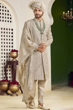 Cream Art Silk Embroidery Mens Wedding Sherwani