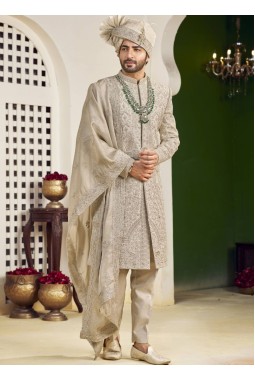 Cream Art Silk Embroidery Mens Wedding Sherwani