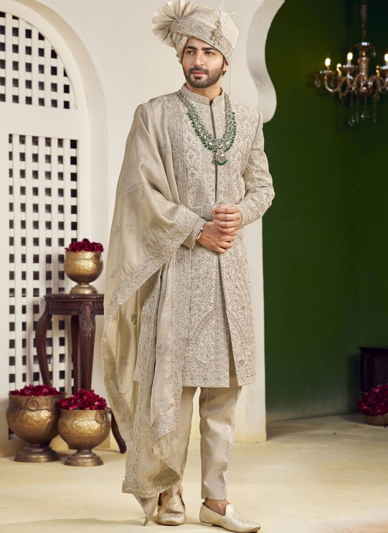 Cream Art Silk Embroidery Mens Wedding Sherwani