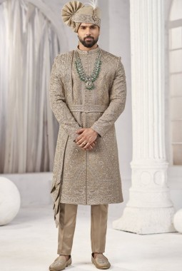 Copper Art Silk Embroidery Mens Wedding Sherwani