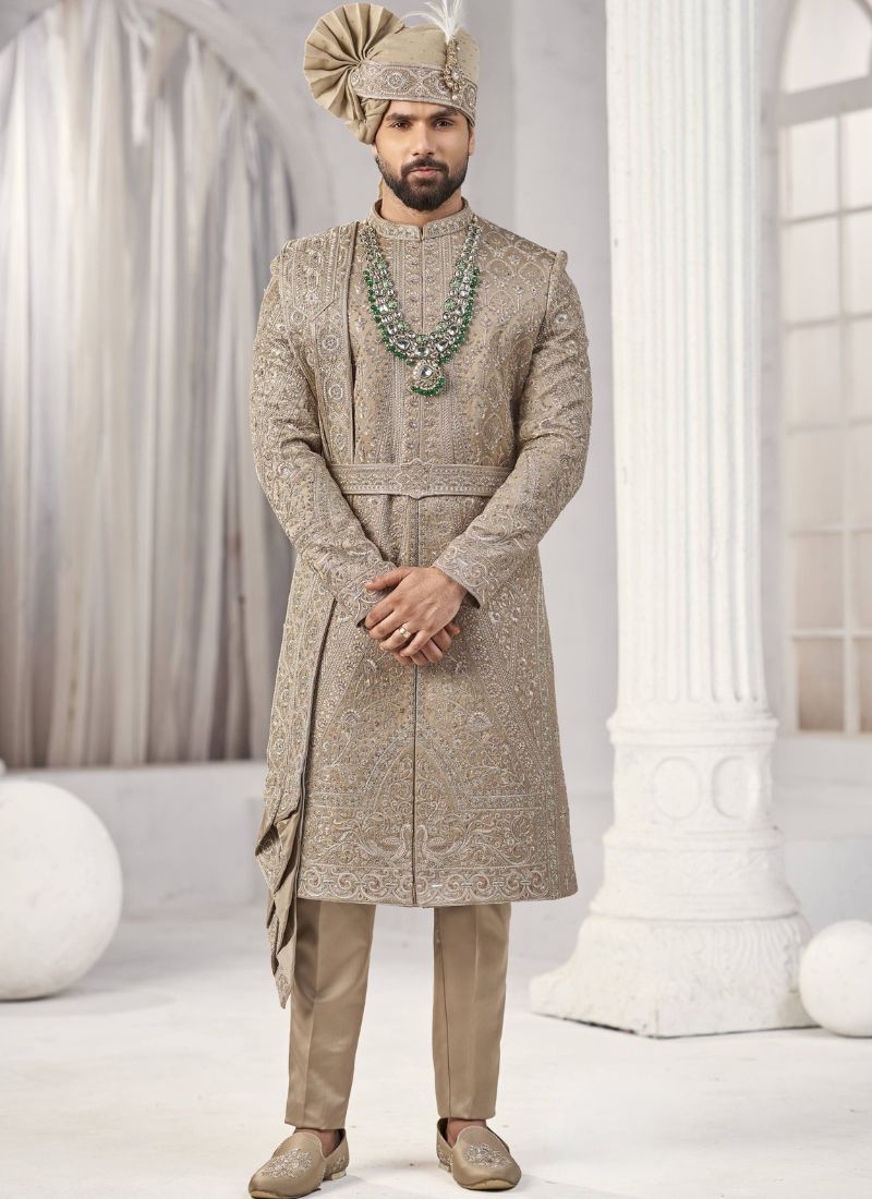 Copper Art Silk Embroidery Mens Wedding Sherwani