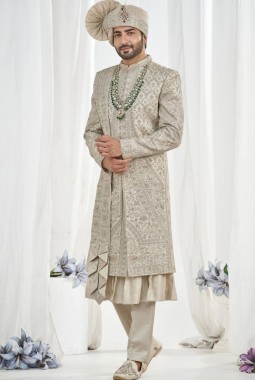 Pista Art Silk Embroidery Mens Wedding Sherwani