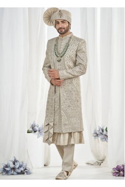Pista Art Silk Embroidery Mens Wedding Sherwani