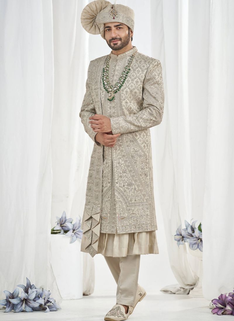 Pista Art Silk Embroidery Mens Wedding Sherwani
