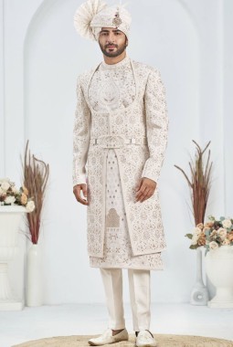 Cream Art Silk Embroidery Mens Wedding Sherwani