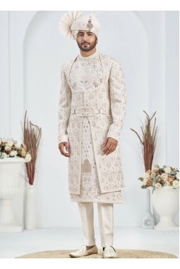 Cream Art Silk Embroidery Mens Wedding Sherwani