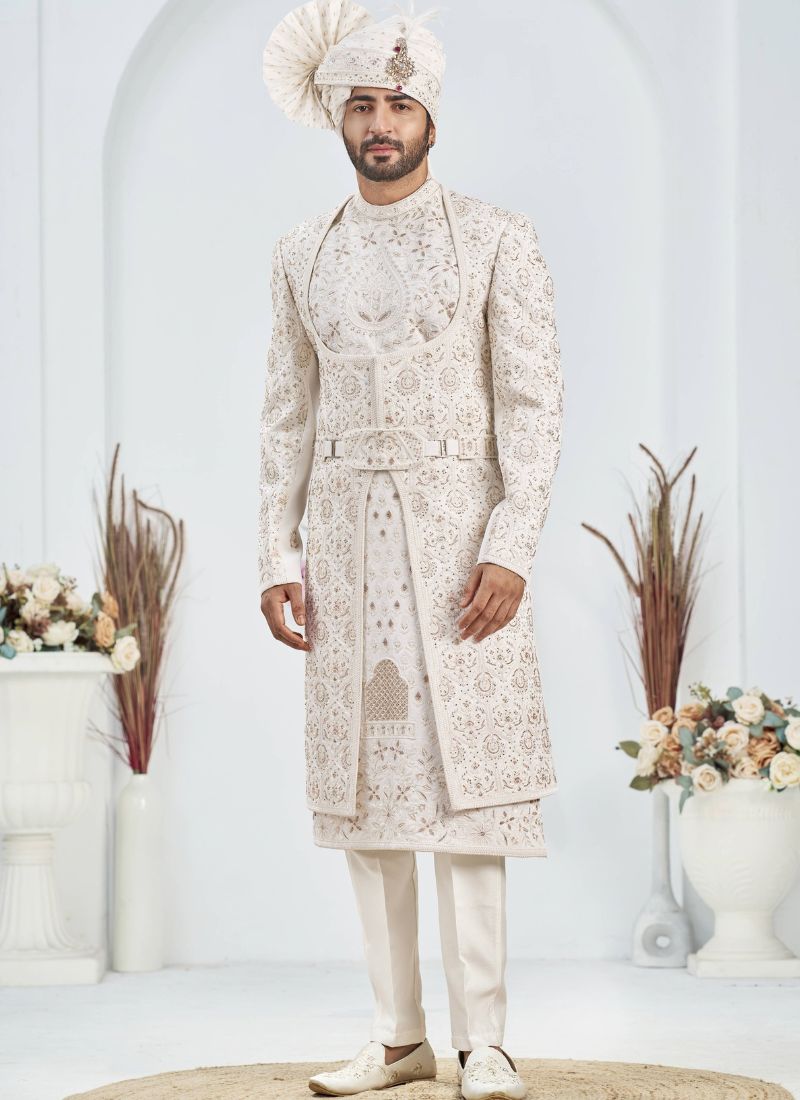 Cream Art Silk Embroidery Mens Wedding Sherwani