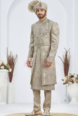 Pista Art Silk Embroidery Mens Wedding Sherwani