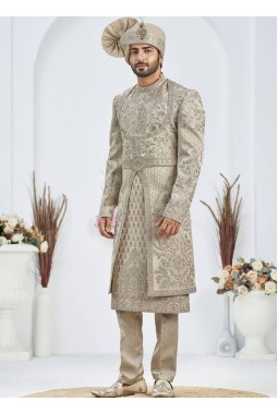 Pista Art Silk Embroidery Mens Wedding Sherwani