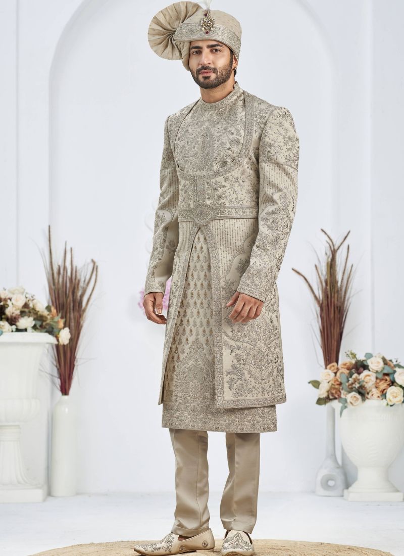 Pista Art Silk Embroidery Mens Wedding Sherwani