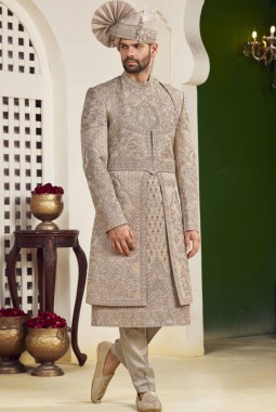 Rust Art Silk Embroidery Mens Wedding Sherwani 
