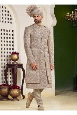 Rust Art Silk Embroidery Mens Wedding Sherwani 