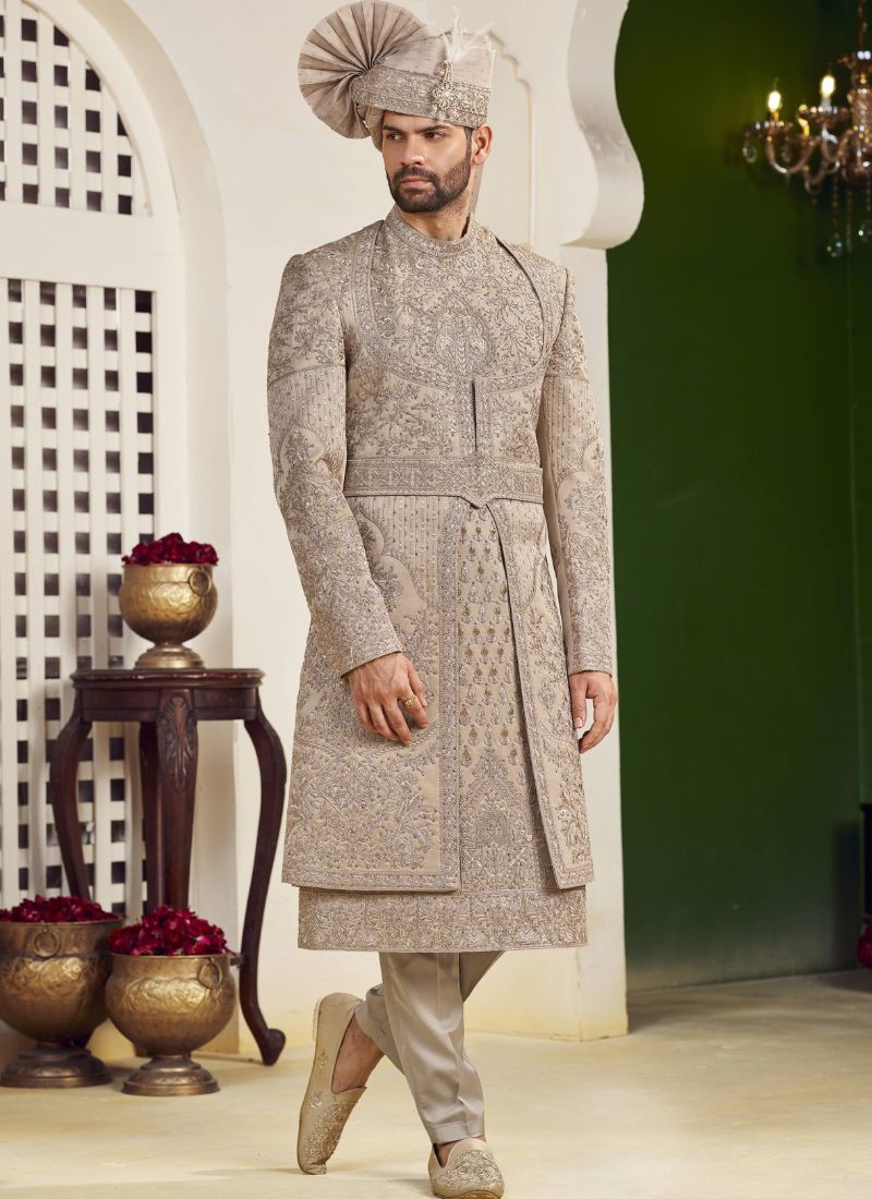 Rust Art Silk Embroidery Mens Wedding Sherwani 