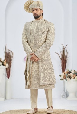 Silver Art Silk Embroidery Mens Wedding Sherwani