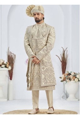 Silver Art Silk Embroidery Mens Wedding Sherwani