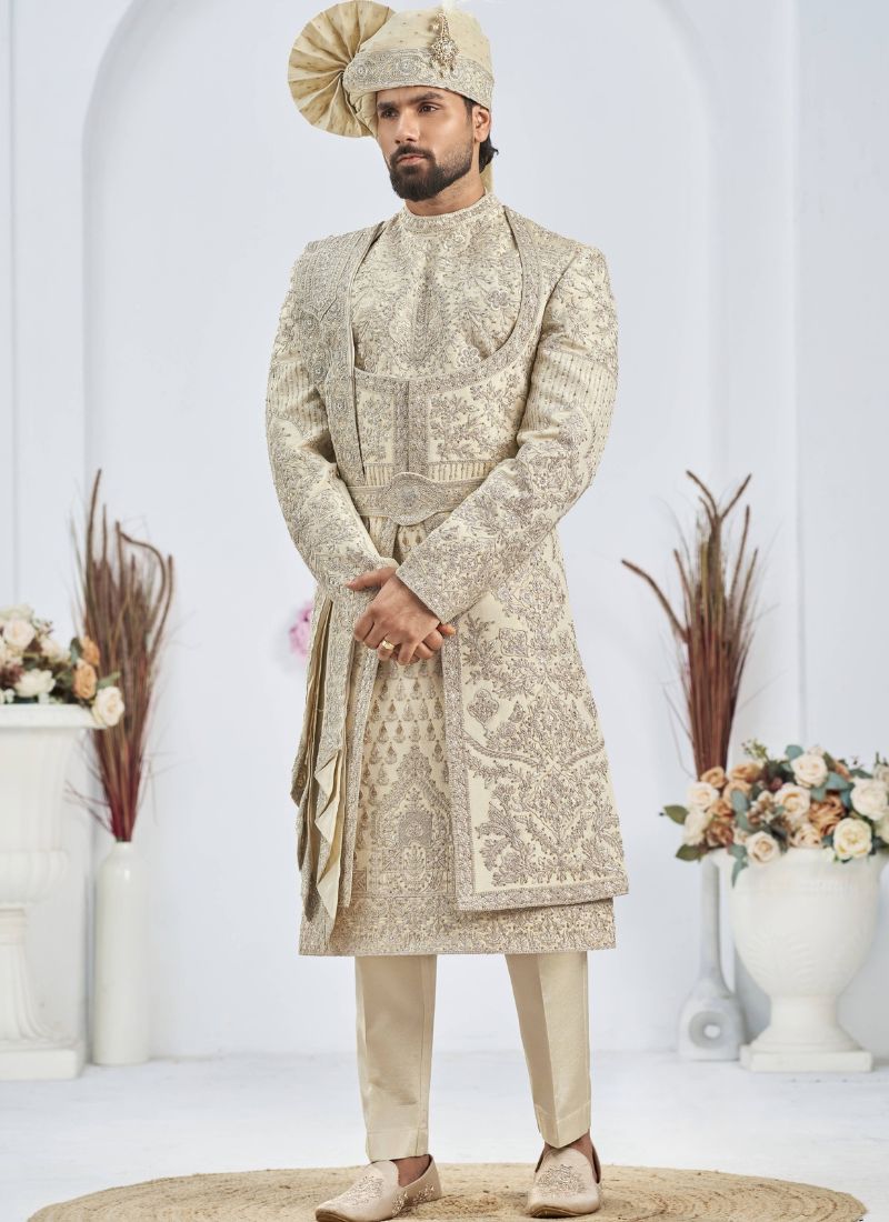 Silver Art Silk Embroidery Mens Wedding Sherwani