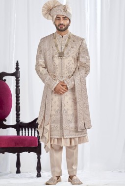 Rose Gold Art Silk Embroidery Mens Wedding Sherwani