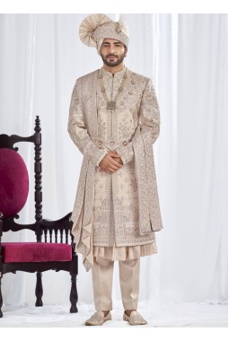 Rose Gold Art Silk Embroidery Mens Wedding Sherwani