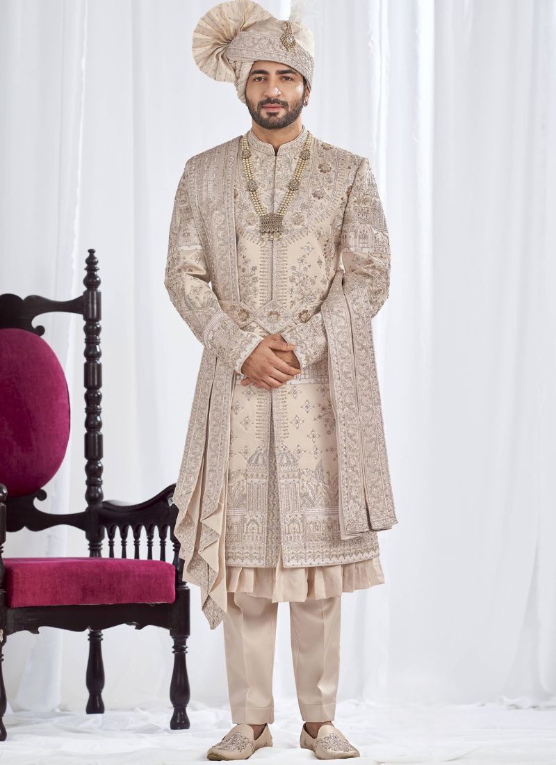 Rose Gold Art Silk Embroidery Mens Wedding Sherwani