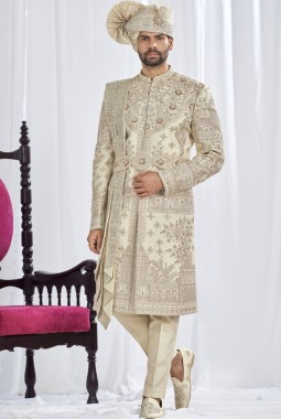 Silver Art Silk Embroidery Mens Wedding Sherwani