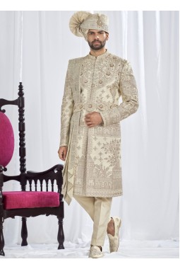 Silver Art Silk Embroidery Mens Wedding Sherwani