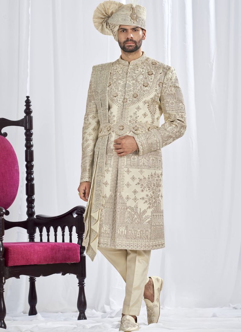 Silver Art Silk Embroidery Mens Wedding Sherwani