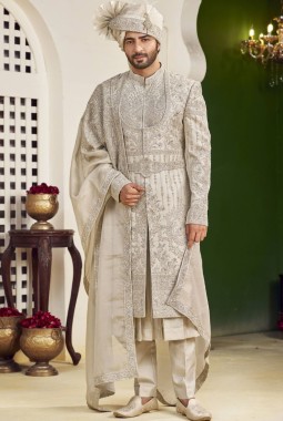 Copper Art Silk Embroidery Mens Wedding Sherwani