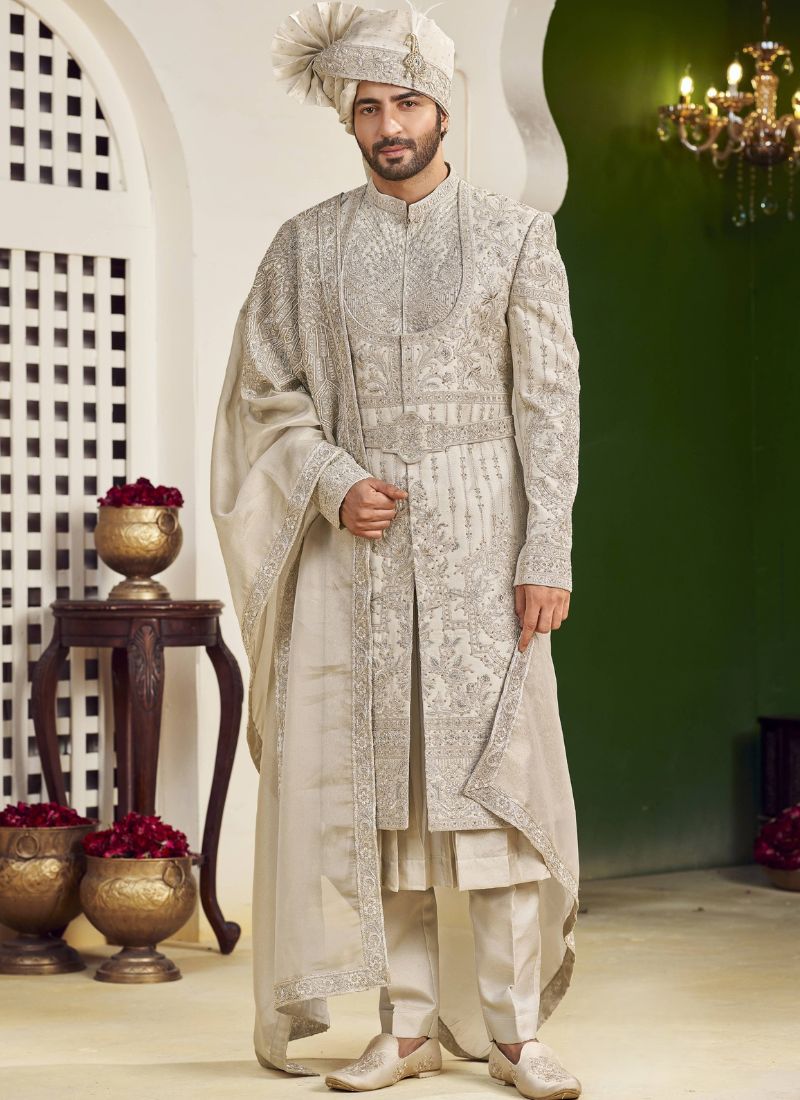 Copper Art Silk Embroidery Mens Wedding Sherwani
