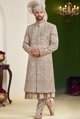 Rust Art Silk Embroidery Mens Wedding Sherwani 