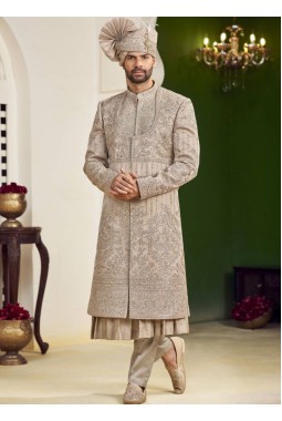 Rust Art Silk Embroidery Mens Wedding Sherwani 