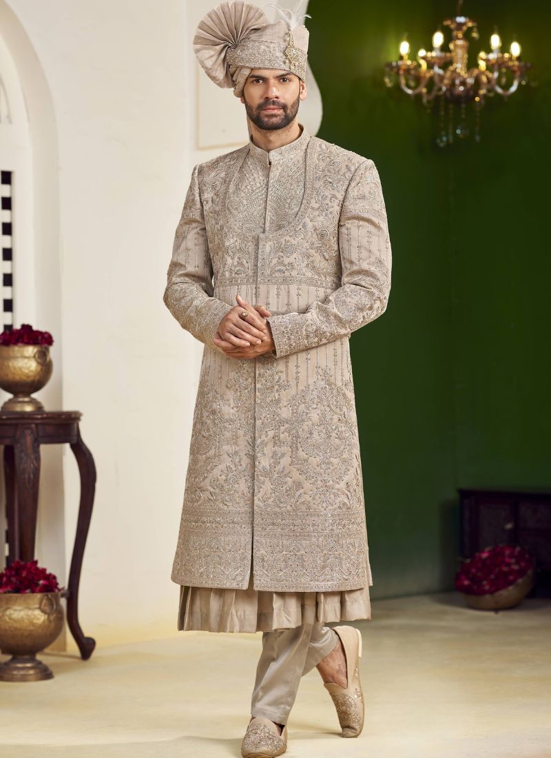 Rust Art Silk Embroidery Mens Wedding Sherwani 