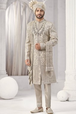 Cream Art Silk Embroidery Mens Wedding Sherwani
