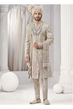 Cream Art Silk Embroidery Mens Wedding Sherwani