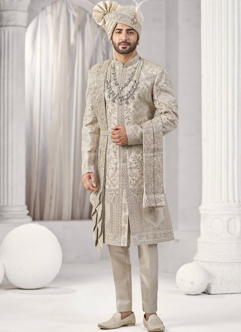 Cream Art Silk Embroidery Mens Wedding Sherwani