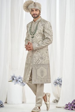 Pista Art Silk Embroidery Mens Wedding Sherwani