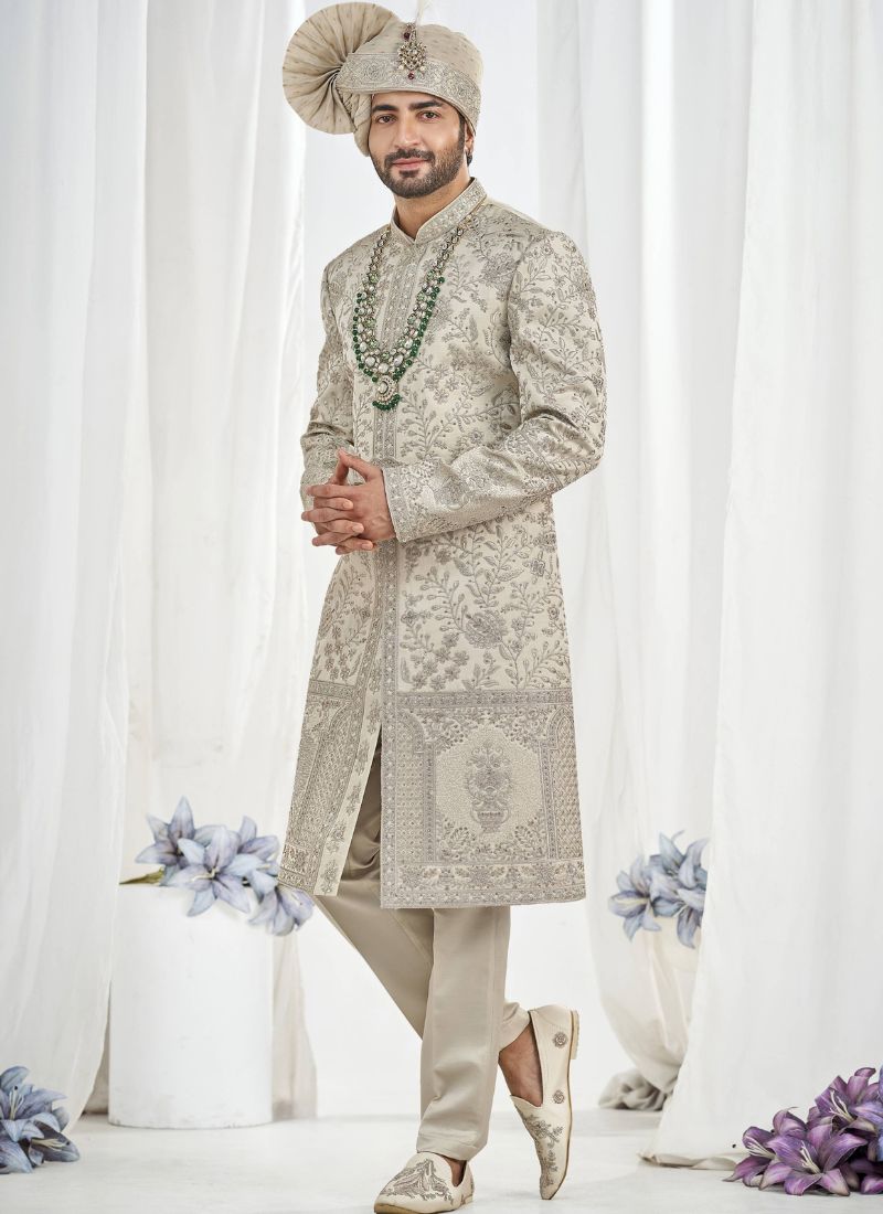 Pista Art Silk Embroidery Mens Wedding Sherwani