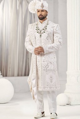 Cream Art Silk Embroidery Mens Wedding Sherwani