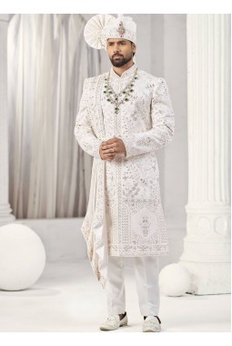 Cream Art Silk Embroidery Mens Wedding Sherwani