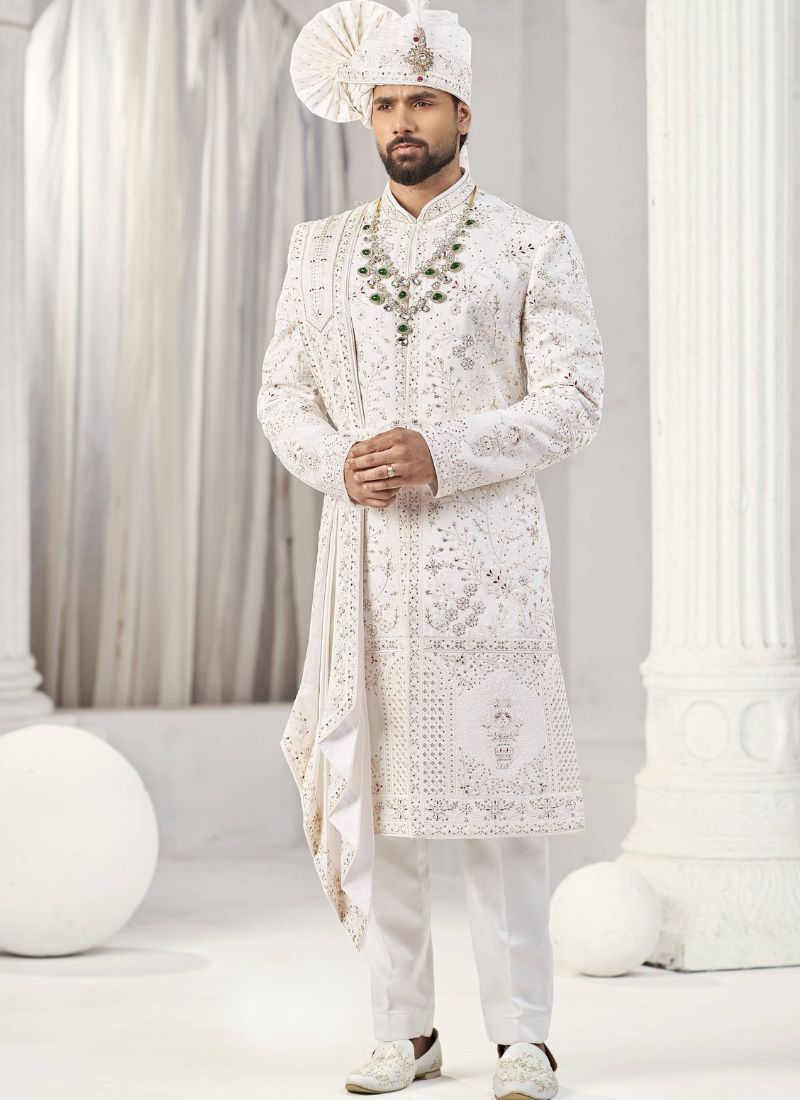 Cream Art Silk Embroidery Mens Wedding Sherwani