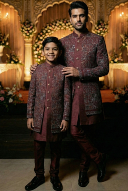 Maroon Jorget Embroidered Boys Indo Western