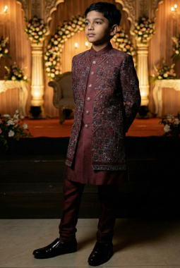 Maroon Jorget Embroidered Boys Indo Western