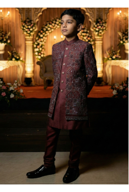 Maroon Jorget Embroidered Boys Indo Western