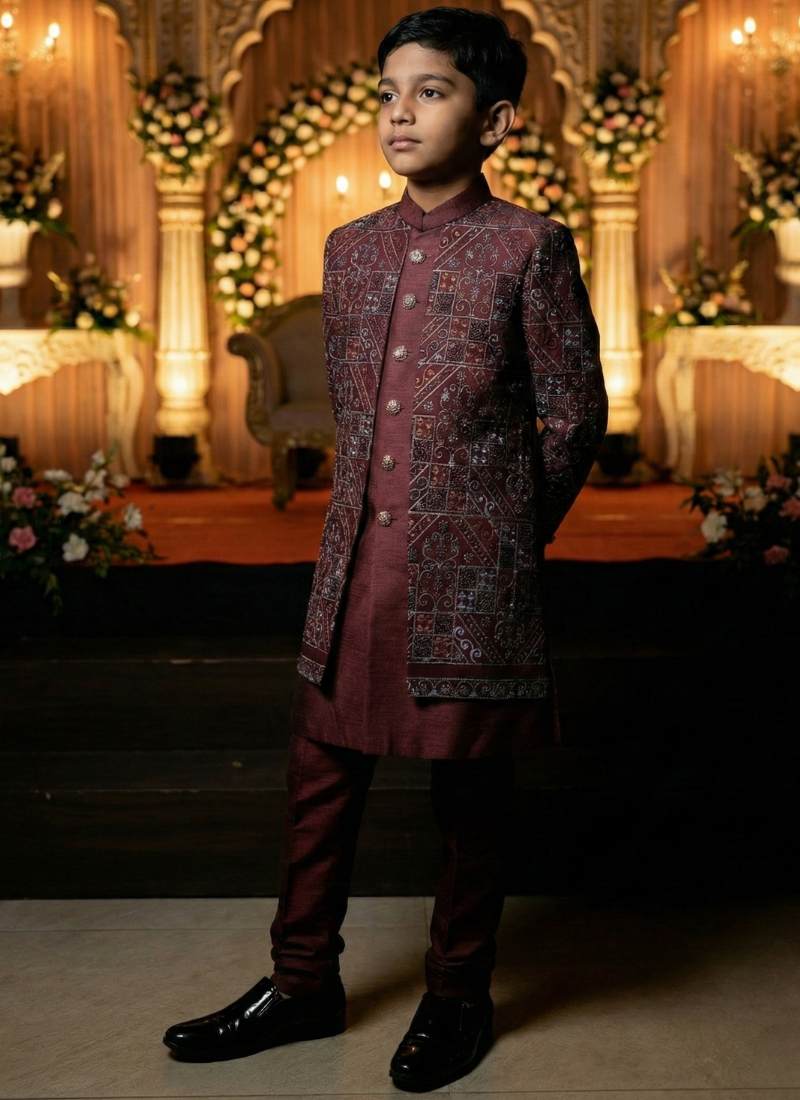 Maroon Jorget Embroidered Boys Indo Western
