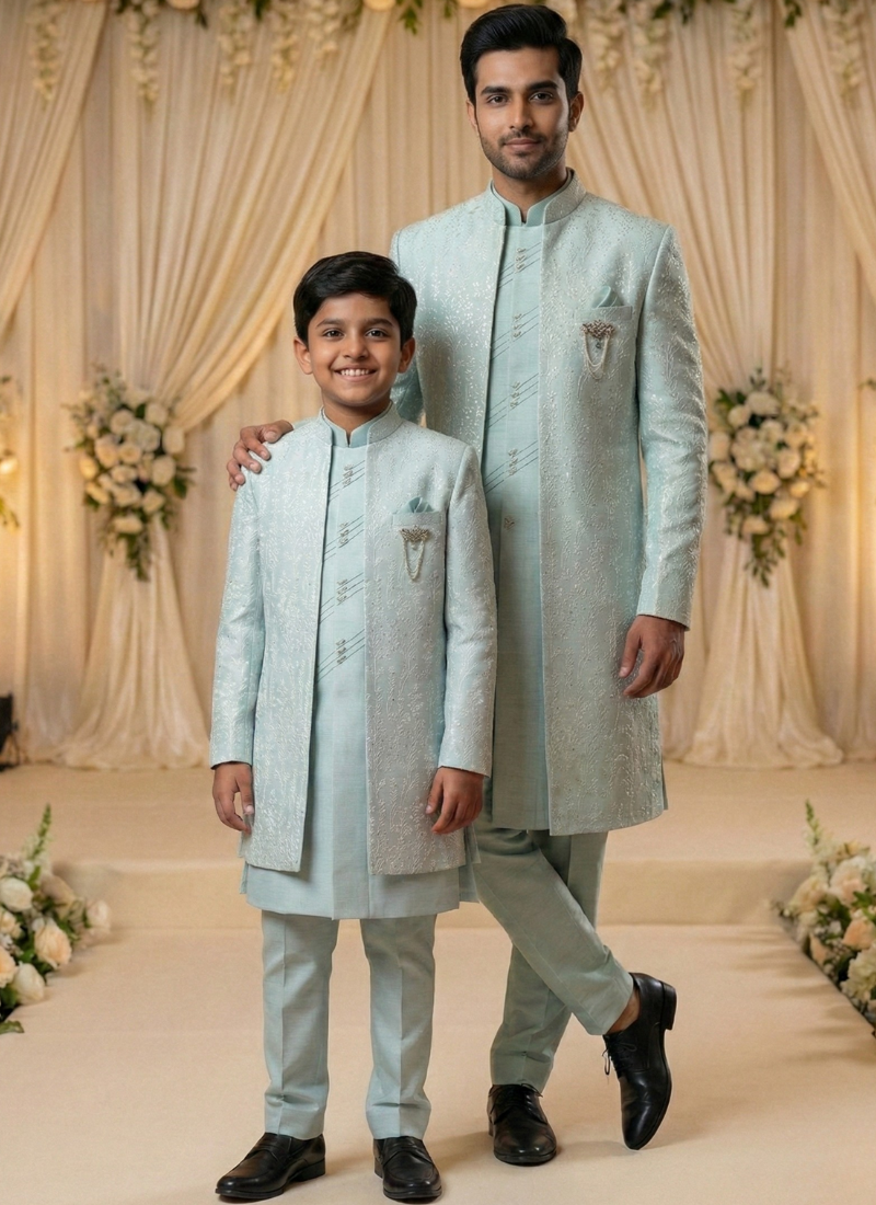 Light Green Art Silk Embroidered Boys Indo Western