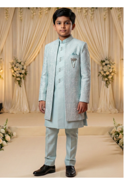 Light Green Art Silk Embroidered Boys Indo Western