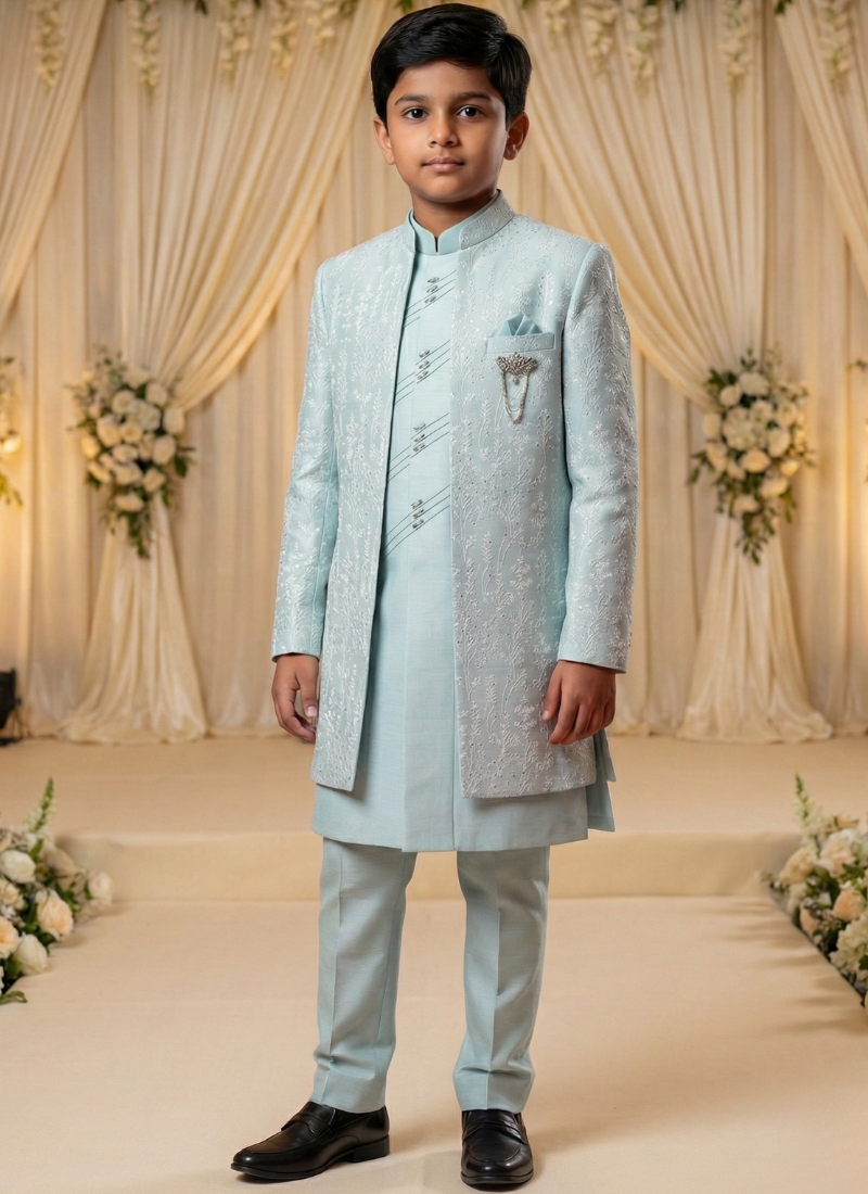 Light Green Art Silk Embroidered Boys Indo Western