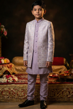 Lilac Art Silk Embroidered Boys Indo Western