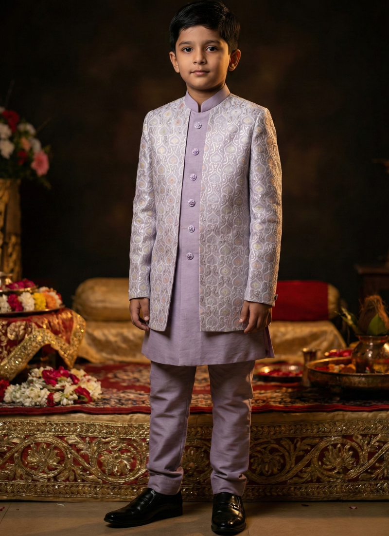 Lilac Art Silk Embroidered Boys Indo Western